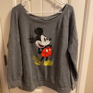 Disney 1X Sweatshirt Mickey Mouse Wide Neck Gray Pullover